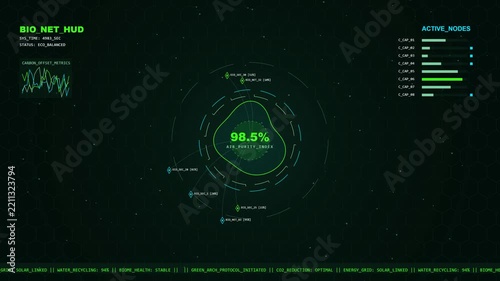 4K seamless loop of an eco-friendly smart building dashboard featuring organic data visualizations, carbon offset metrics, and biophilic tech patterns.