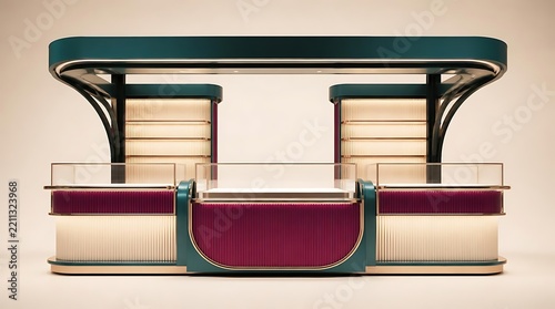 Modern luxury retail kiosk booth design with elegant curved lines teal and magenta accents gold metal finishing and warm interior lighting for high-end boutique jewelry or cosmetics store