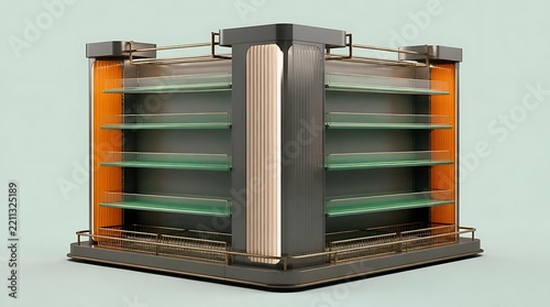 Luxury Retail Display Shelf with Gold Accents and Integrated Lighting, Empty Boutique Gondola Furniture for Product Presentation, Professional Store Fixture 3D Render for Merchandise Showcase