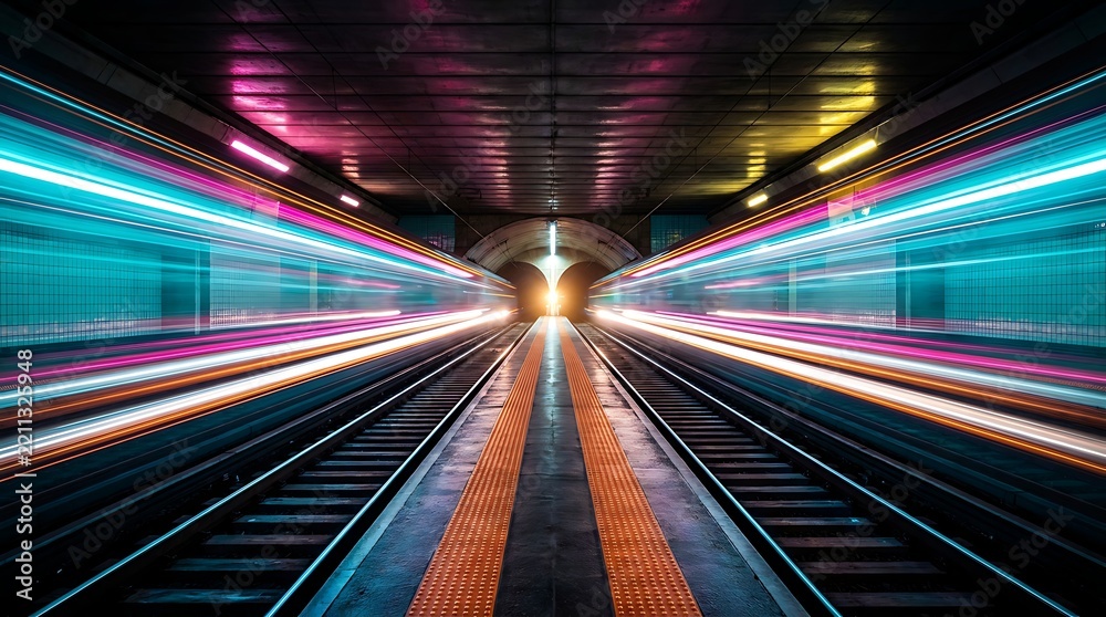 Fototapeta premium Long exposure light trails of fast moving subway trains in dark underground tunnel with glowing neon lights and railway tracks perspective view in station.