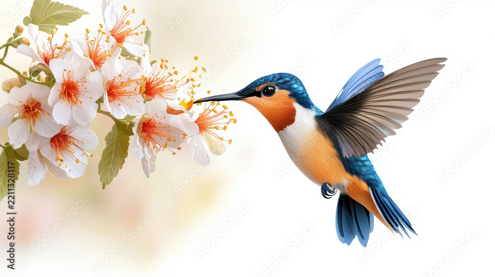 Fototapeta premium Vibrant hummingbird hovering near delicate cherry blossoms, showcasing nature beauty and intricate details of flowers and bird