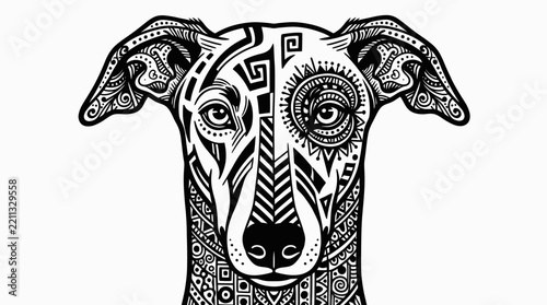 Patterned greyhound face front view.