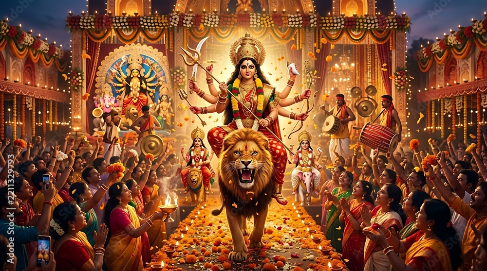 Fototapeta premium Goddess durga riding lion in vibrant festival