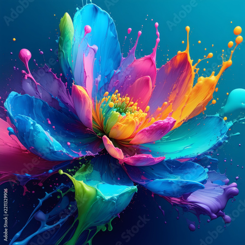 Abstract colorful flower made of liquid paint splashes, vibrant digital floral art, generative AI illustration