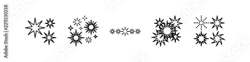 Minimalist black outline star, sparkle, and firework burst vector icons set on a white background, perfect for celebration, holiday, and magical graphic design.