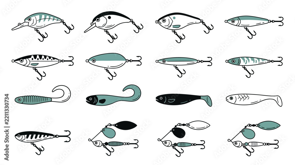 Obraz premium Collection of fishing lures and baits illustrations on white background, perfect for angling equipment catalogs, fishing blog graphics and outdoor sports marketing