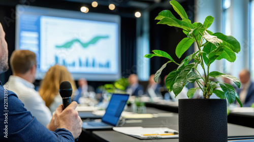 Business seminar featuring presentation with graphs and charts, highlighting teamwork and collaboration in modern conference room