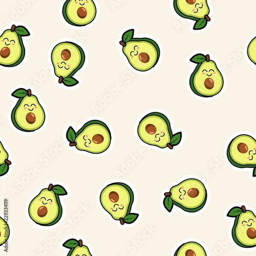Seamless pattern of cute smiling avocado stickers, kawaii green fruit character with white border on pastel butter cream background