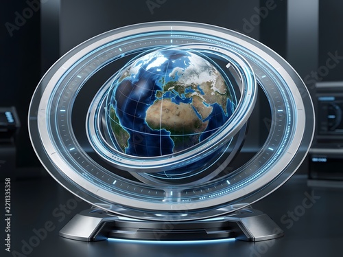 Futuristic digital globe with holographic rings in a hightech scifi command room