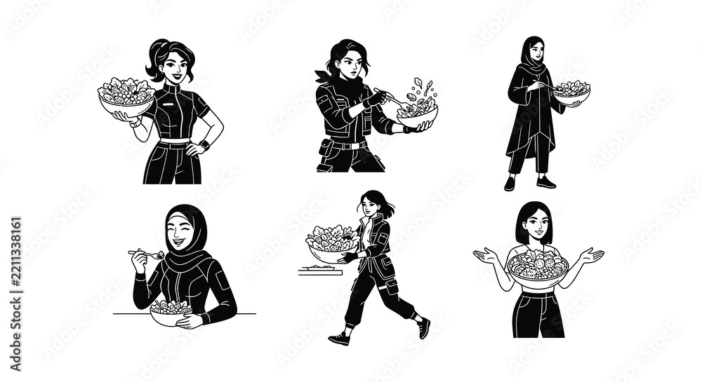 Fototapeta premium Women holding bowls of food black and white vector illustration