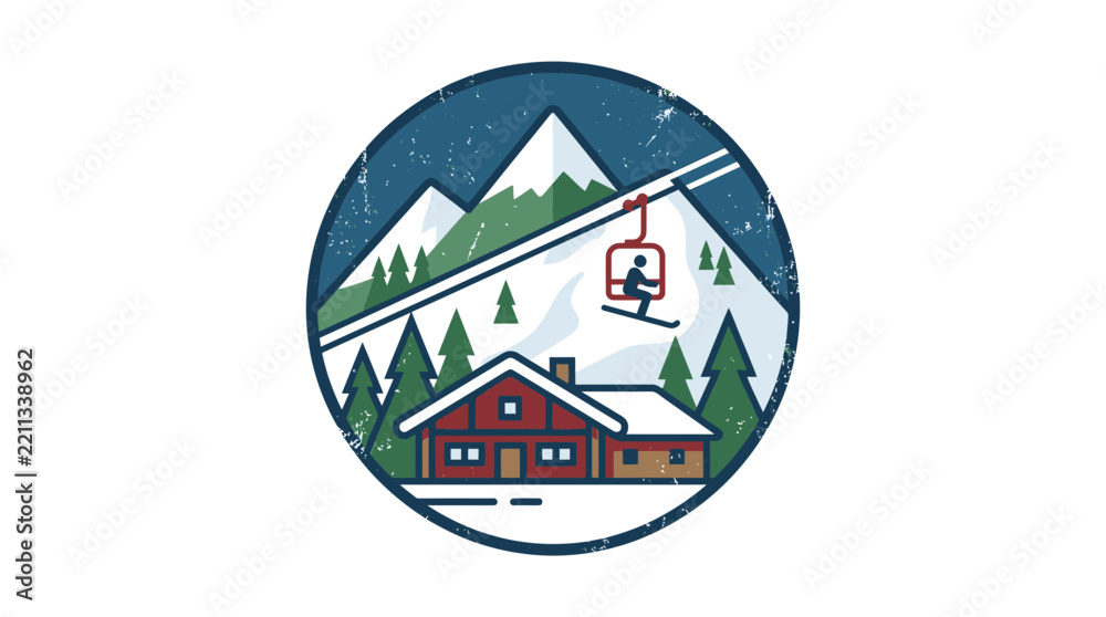 Obraz premium Vintage winter ski resort badge featuring mountain lodge and lift