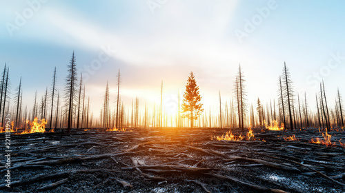 Dramatic landscape of forest fire scene, showcasing charred trees and flames against sunset backdrop. image evokes sense of destruction