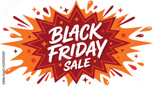 Black friday sale explosion banner with red and orange splashes and stars for shopping promotions