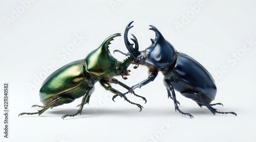 Two Metallic Horned Beetles Engage in a Fierce Duel Facing Each Other Isolated Against a Clean Minimalist White Studio Background