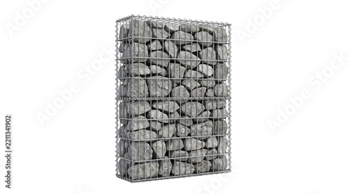 Rock-filled gabion basket on transparent background. Retaining wall construction and erosion control. Civil engineering, landscaping and slope stabilization. Infrastructure material.