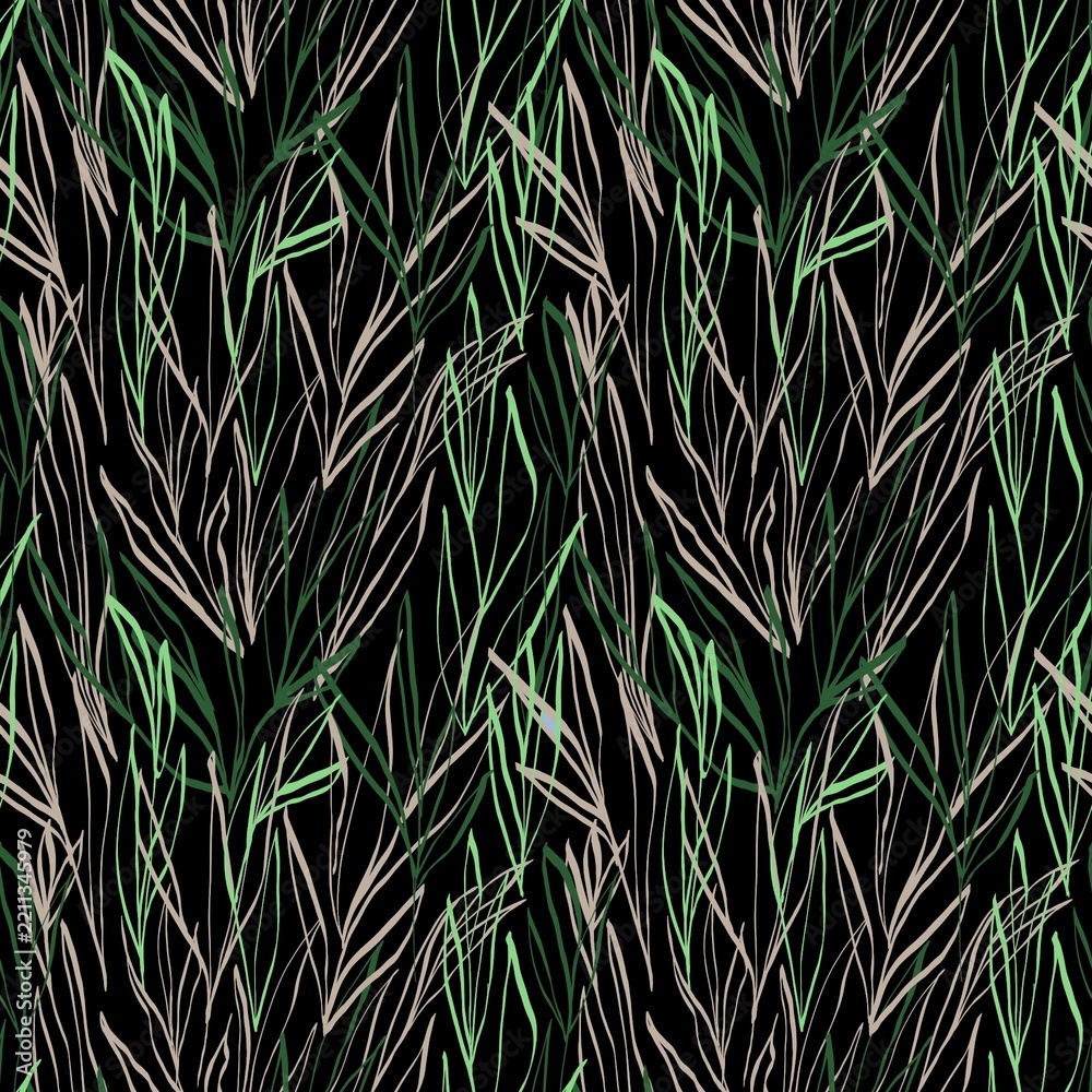 Obraz premium seamless pattern, botanical, botanical pattern, abstract, grasses, foliage, grass, leaves, nature, greenery, green, beige, white, minimalist, minimal, line art, hand drawn, sketch, illustration.