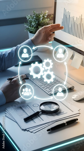 Businessman holding a pen and gesturing towards glowing holographic workflow gears and team icons on an office desk