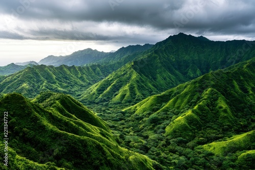 Tropical mountain ridges rising under a moody sky in a lush valley captured with sharp focus for adventure travel and conservation marketing