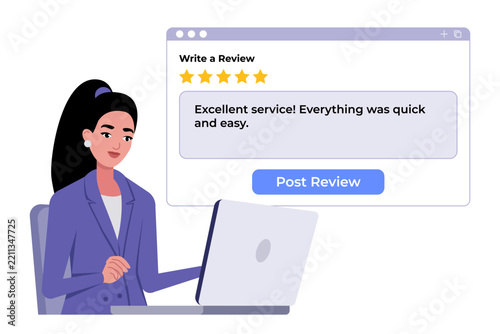 Woman Writing Customer Review on Laptop