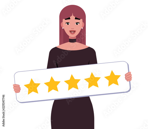 Woman Holding Five Star Rating Banner