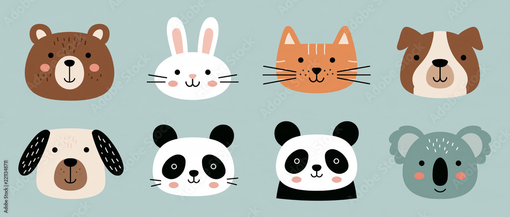 Obraz premium Cute Animal Faces Pattern on Blue Background