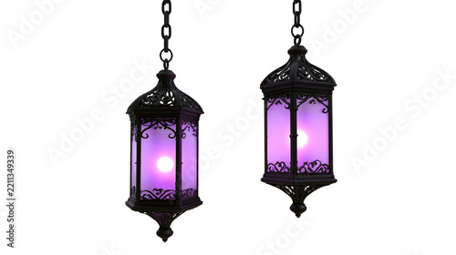 Two vintage gothic lanterns with purple light isolated on transparent background
