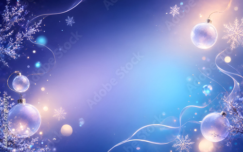 Modern New Year Background with Indigo, Violet and Cyan Gradient, Frosted Glass Ornaments