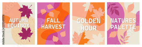 Autumn leaves texture poster set with abstract organic shapes and text, autumn modern art minimalist style design templates for sales, poster, print, cover, social media, fashion ads, decor