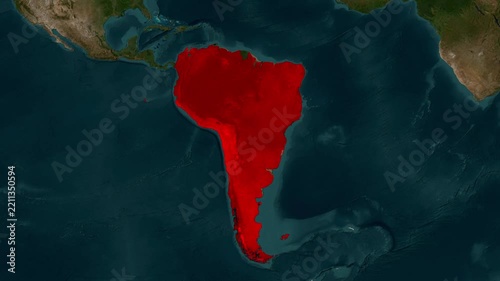 South America continent map animation video with red highlight and text clip