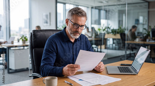 Business meeting in office with man reviewing documents at desk