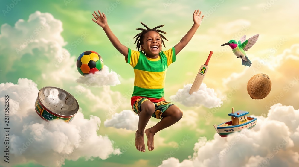 Obraz premium Joyful Jamaican boy with dreadlocks in green and yellow shirt jumping among steel drum, cricket bat, hummingbird and coconut