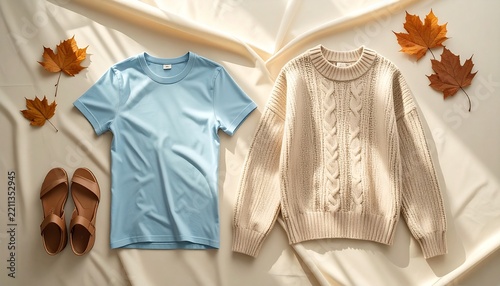 Fototapeta 夏から秋への衣替えを表現したフラットレイ、淡い水色のTシャツとサンダル、ベージュニットを並べた季節のファッション