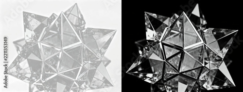 Complex geometric polyhedra, dual sharp-faceted crystal forms, reflecting stark monochromatic light on a deep black void, ideal for abstract design.