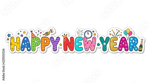 Happy New Year Text with Confetti and Stars