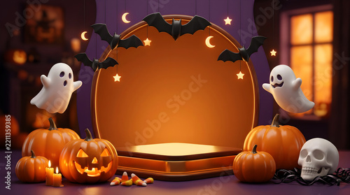 Spooky Halloween Podium 3D Product Display Stage with Pumpkins Ghosts Bats Skull for Seasonal Sales Marketing Social Media Promo Banner