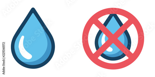 Water drop, no water symbol, and sparkling clean water drop icons for hygiene.
