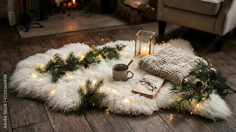 Obraz premium A cozy holiday scene features a white rug with a christmas ornament, warm fairy lights, a knitted blanket, a book with glasses, and a steaming mug resting on wooden floorboards