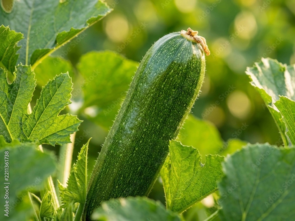 Fototapeta premium Fresh green cucumber growing on plant in garden.