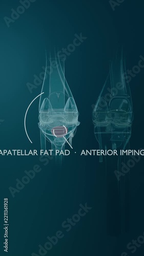 Vertical video: Frame starting left knee showing patellar pad for diagnosis at clinic, copy space