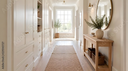 Bright modern hallway interior with white cabinets and wood table