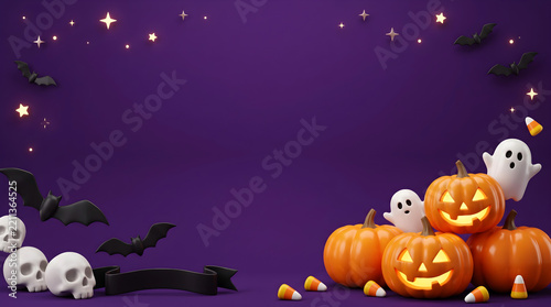 Halloween Pumpkin Background with 3D Jack O Lantern Ghost Skull and Bat Elements on Purple for Festive Party Banner Invitation Template