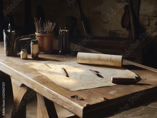 Medieval Cartographer Measuring Table With Quills Pigments and Astrolabe