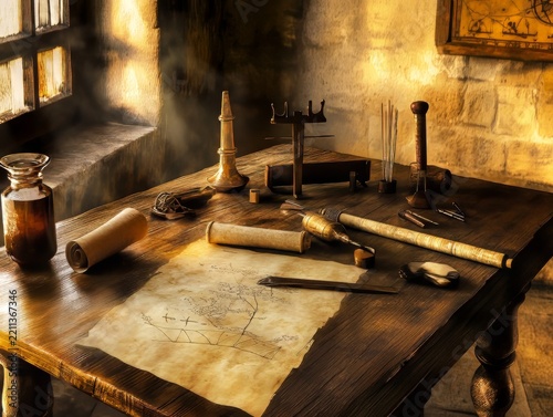 Medieval Astrolabe and Mapmaking Tools on Weathered Oak Workbench