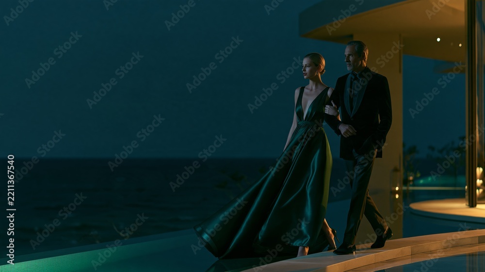 Obraz premium Luxury Tropical Resort Campaign with Elegant Couple in Emerald Silk Gown and Black Velvet Tuxedo Walking Beside Infinity Pool at Night 