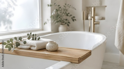 Modern white freestanding bathtub inside a bright minimalist bathroom interior featuring a wooden caddy tray with a folded towel and fresh green eucalyptus branch