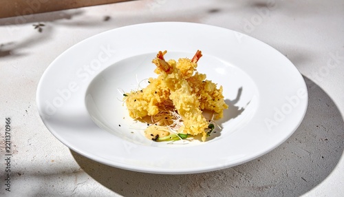 Delicious Crispy Fried Shrimp Tempura Served on a Minimalist White Ceramic Plate with Gourmet Garnish