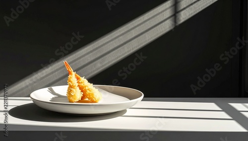 Crispy Japanese Shrimp Tempura Served on a Minimalist White Plate Under Sunlight and Shadows