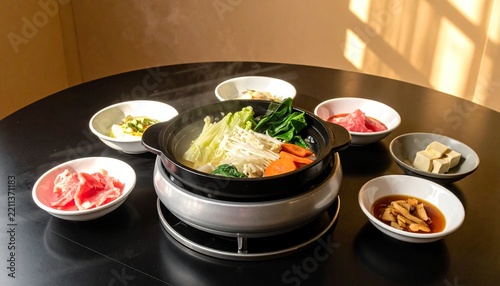 Traditional Japanese Hot Pot Sukiyaki Meal Set on Black Table with Steaming Vegetables and Sliced Meat