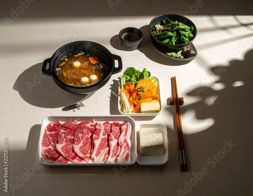 Gourmet Shabu Shabu Japanese Hot Pot Meal Set Featuring Raw Sliced Beef Vegetables Tofu and Savory Broth for a Healthy Dining Experience