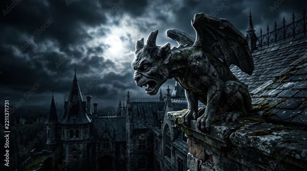 Obraz premium Gargoyle statue perched on castle roof under full moon at night